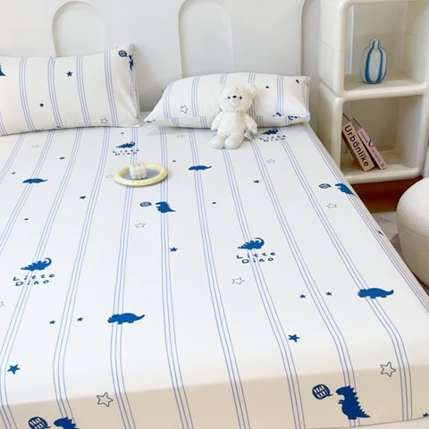 91家纺网 家纺一手货源 找家纺 感遇家纺 2024新款纯棉床单床笠枕套 床笠款-蓝条恐龙