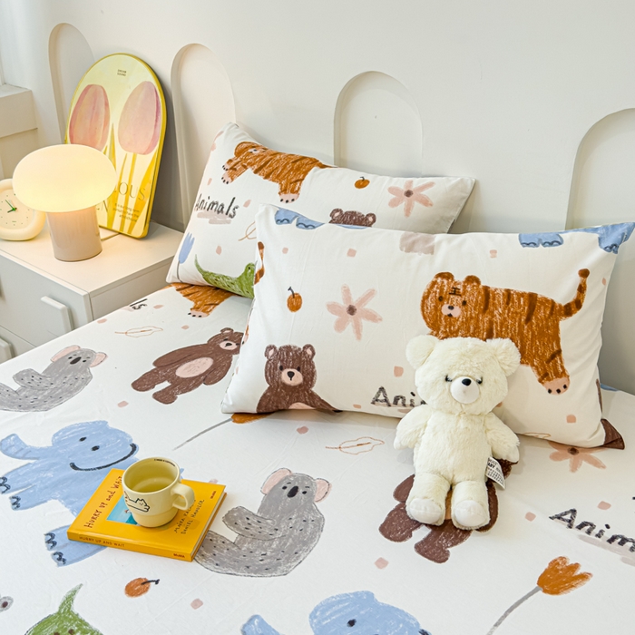 91家纺网 家纺一手货源 找家纺 感遇家纺 2024新款纯棉床单床笠枕套 床笠款-动物森林