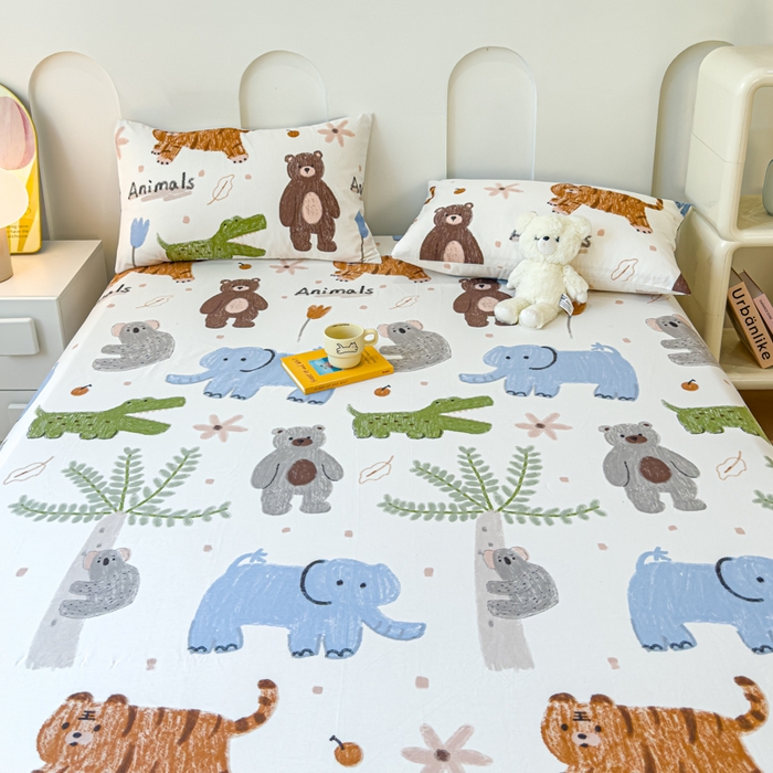 91家纺网 家纺一手货源 找家纺 感遇家纺 2024新款纯棉床单床笠枕套 床笠款-动物森林