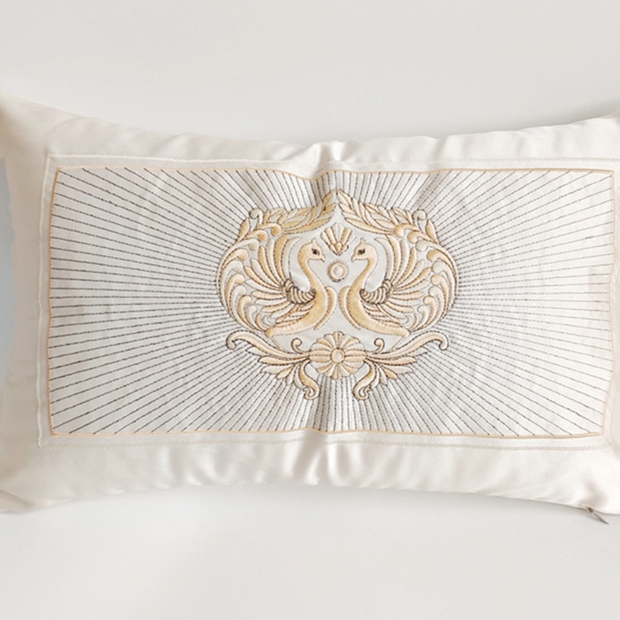 91家纺网 家纺一手货源 找家纺 澜屿 2024新款禅丝高精密刺绣小抱枕头枕芯腰靠枕 吉祥鸟-米白