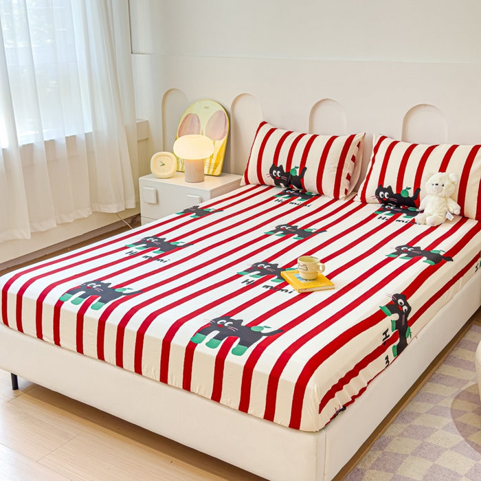 91家纺网 家纺一手货源 找家纺 感遇家纺 2024新款纯棉床单床笠枕套 床笠款-红条苹果苗