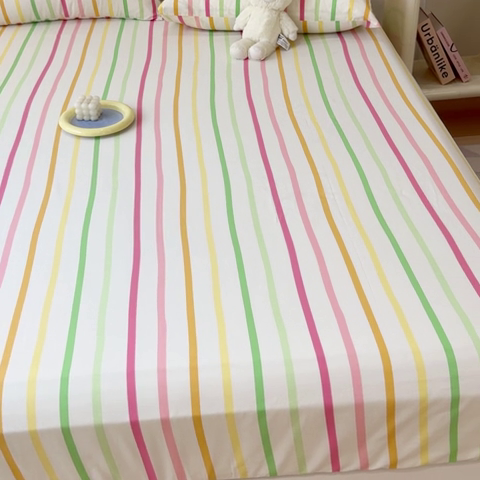 91家纺网 家纺一手货源 找家纺 感遇家纺 2024新款纯棉床单床笠枕套 床笠款-彩虹条纹