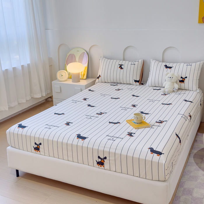 91家纺网 家纺一手货源 找家纺 感遇家纺 2024新款纯棉床单床笠枕套 床笠款-腊肠犬