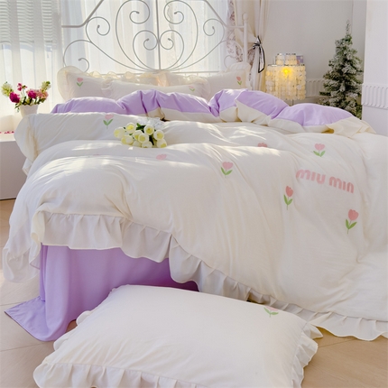 91家纺网 家纺一手货源 找家纺 灰鲸 2025新款水洗双层纱miumin郁金香刺绣四件套 miumin郁金香-奶白拼雅紫