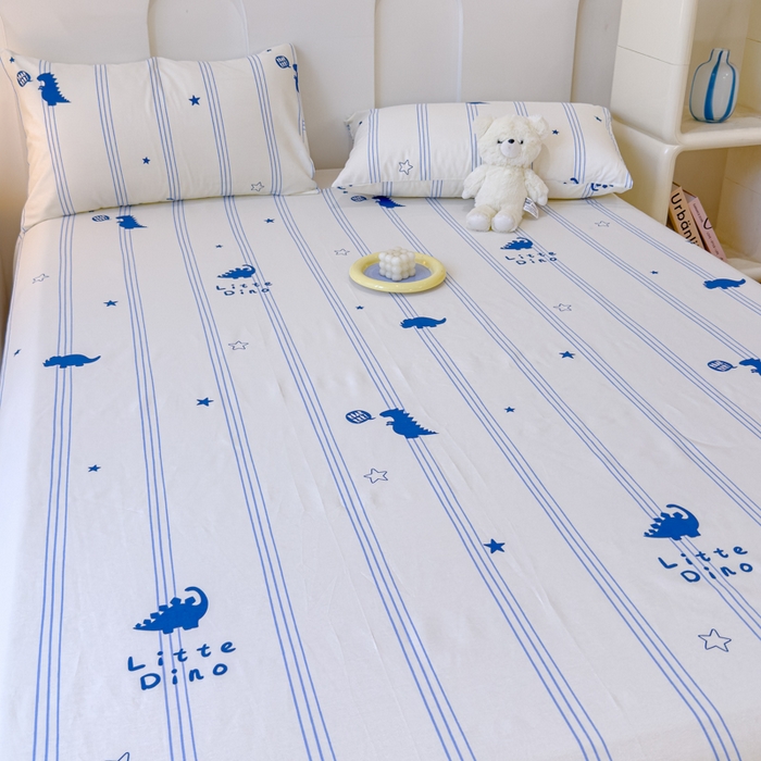 91家纺网 家纺一手货源 找家纺 感遇家纺 2024新款纯棉床单床笠枕套 床单款-蓝条恐龙