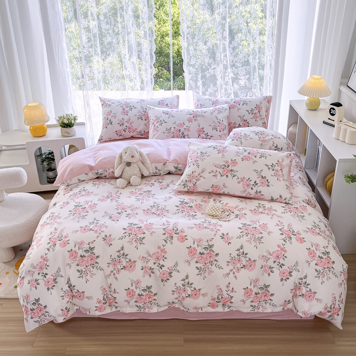 91家纺网 家纺一手货源 找家纺 世爵 2024新款12868全棉印花四件套 田园花香一粉