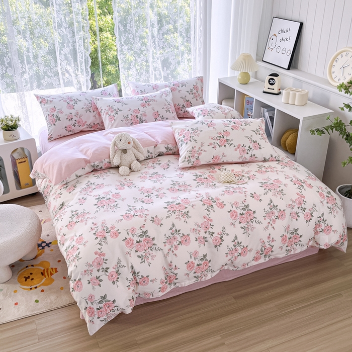 91家纺网 家纺一手货源 找家纺 世爵 2024新款12868全棉印花四件套 田园花香一粉