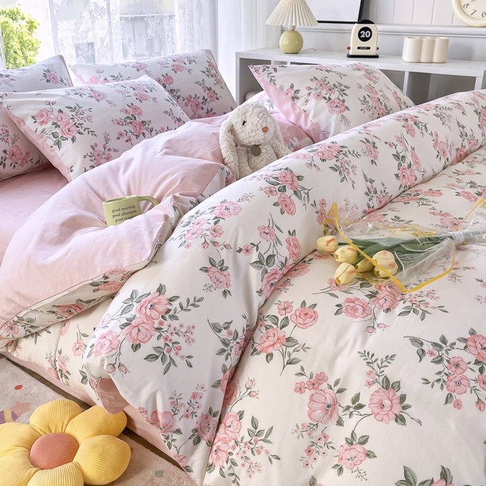 91家纺网 家纺一手货源 找家纺 世爵 2024新款12868全棉印花四件套 田园花香一粉