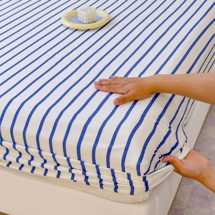 91家纺网 家纺一手货源 找家纺 感遇家纺 2024新款纯棉床单床笠枕套 床笠款-蓝条纹