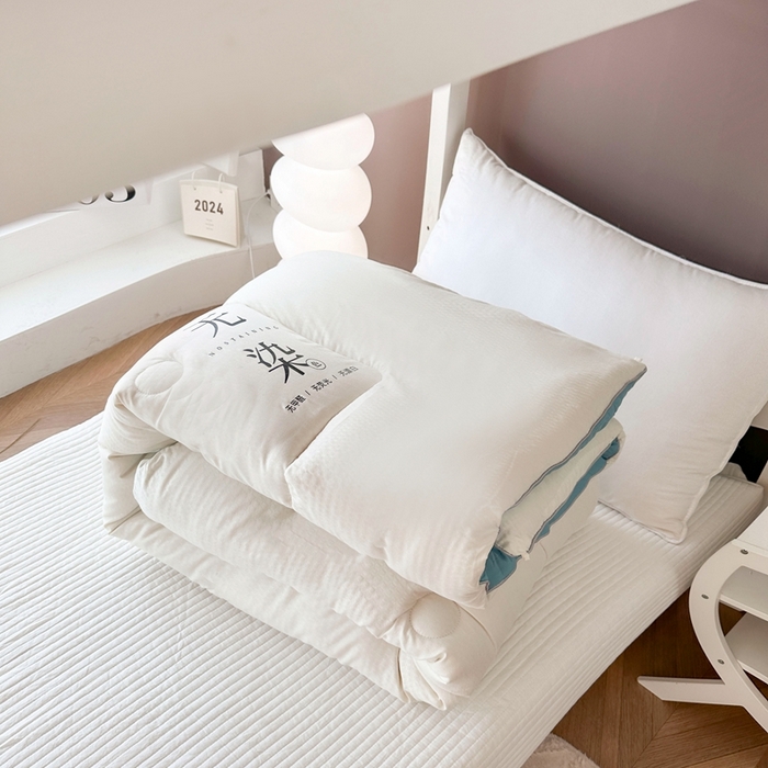 91家纺网 家纺一手货源 找家纺 招财狼家纺  2024新款水洗磨毛学生大豆被夏被春秋被多被芯被子 无染 米白+水兰