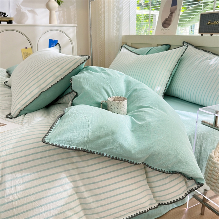 91家纺网 家纺一手货源 找家纺 晚依家纺 2024新款全棉色织水洗棉贝壳边绣三角针工艺四件套--单被套 诺言-蓝