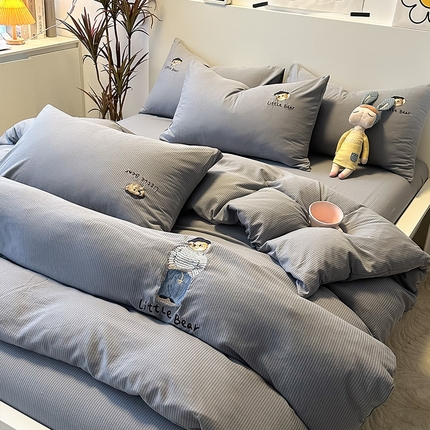 眠帛家居 2024新款水洗棉提花刺绣四件套-熊先生 熊先生-雾灰