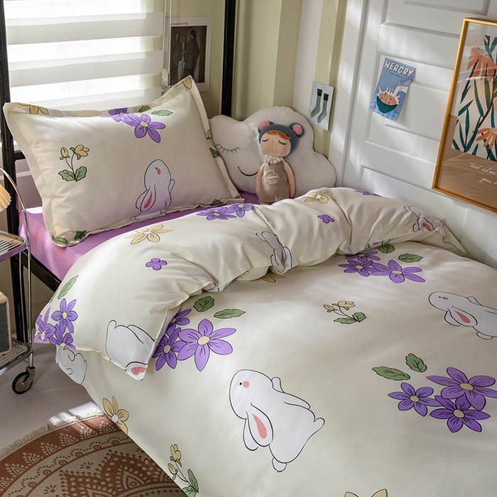 91家纺网 家纺一手货源 找家纺 港岛妹妹 2024新款芦荟棉印花四件套四件套学生床宿舍图 花与兔