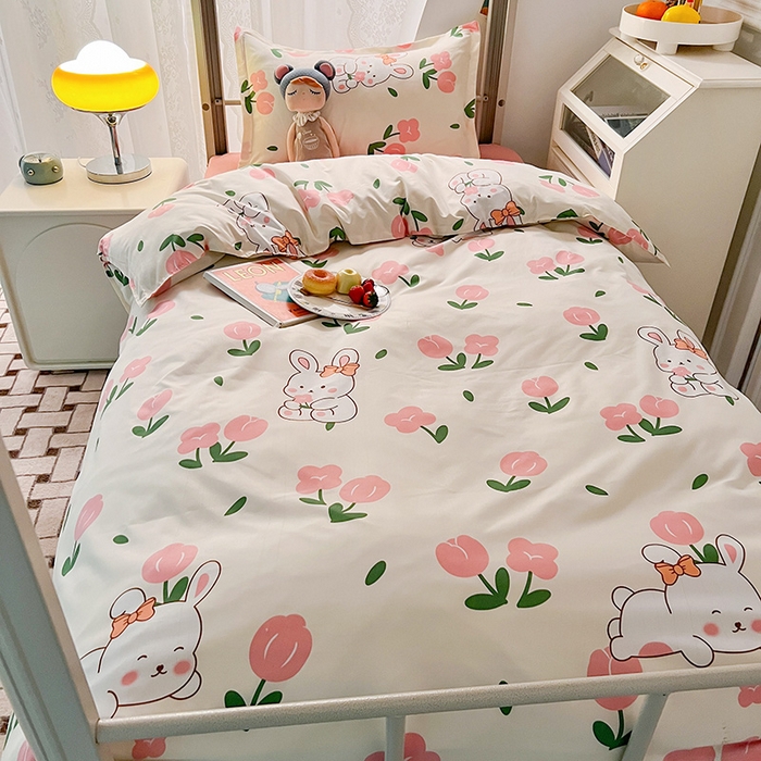 91家纺网 家纺一手货源 找家纺 港岛妹妹 2024新款芦荟棉印花四件套四件套学生床宿舍图 粉郁金兔