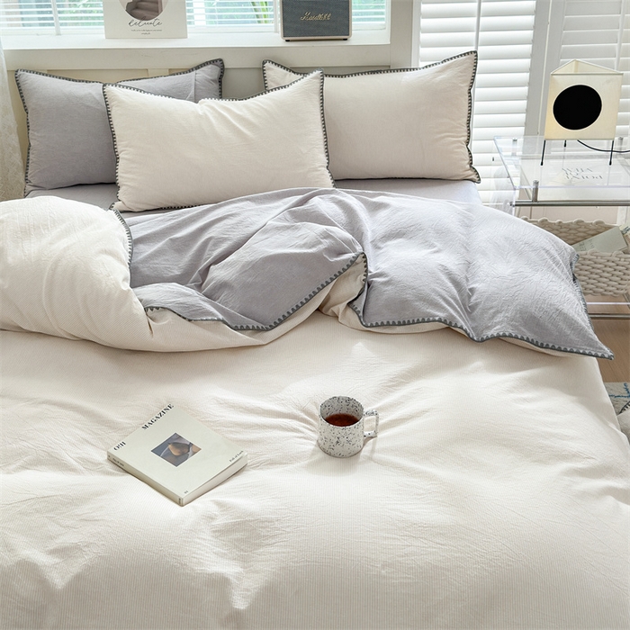 91家纺网 家纺一手货源 找家纺 晚依家纺 2024新款全棉色织水洗棉贝壳边绣三角针工艺四件套--单被套 时光-米灰