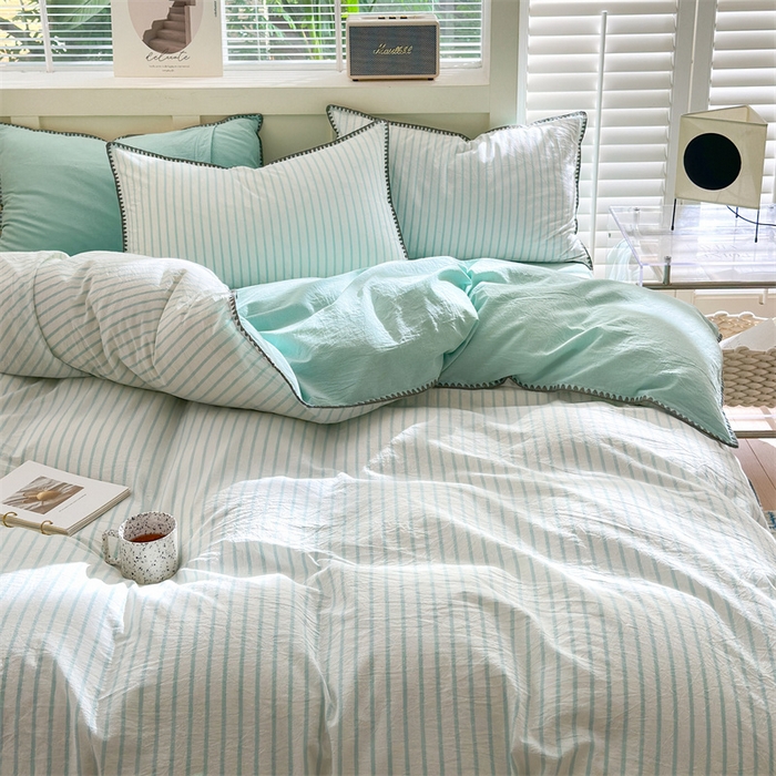 91家纺网 家纺一手货源 找家纺 晚依家纺 2024新款全棉色织水洗棉贝壳边绣三角针工艺四件套--单被套 诺言-蓝