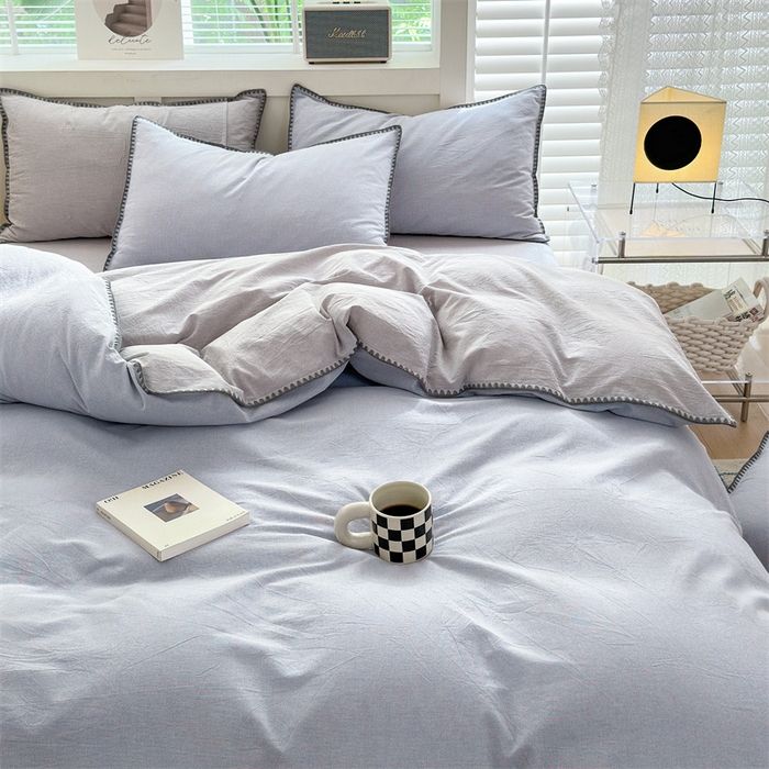 91家纺网 家纺一手货源 找家纺 晚依家纺 2024新款全棉色织水洗棉贝壳边绣三角针工艺四件套--单被套 星语-浅灰