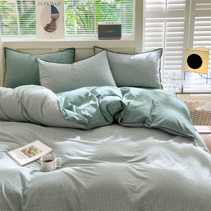 91家纺网 家纺一手货源 找家纺 晚依家纺 2024新款全棉色织水洗棉贝壳边绣三角针工艺四件套--单被套 遇见-草绿
