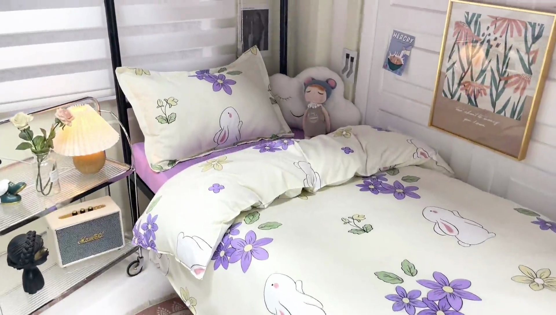 91家纺网 家纺一手货源 找家纺 港岛妹妹 2024新款芦荟棉印花四件套四件套学生床宿舍图 花与兔