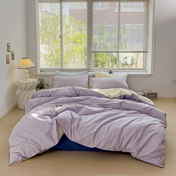 91家纺网 家纺一手货源 找家纺 梦家居 2024新款全棉水洗棉纯色滚边四件套 丁香紫+深蓝