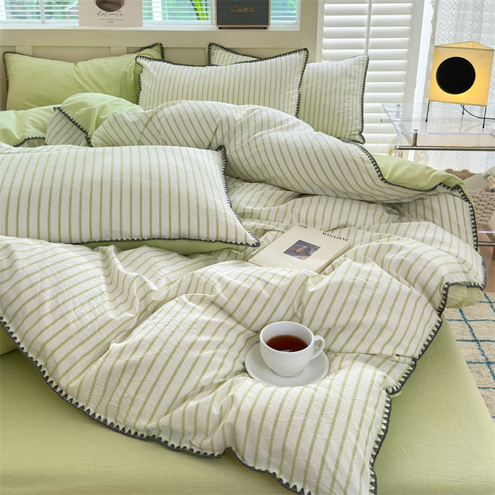 91家纺网 家纺一手货源 找家纺 晚依家纺 2024新款全棉色织水洗棉贝壳边绣三角针工艺四件套--单被套 诺言-绿