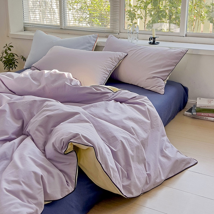 91家纺网 家纺一手货源 找家纺 梦家居 2024新款全棉水洗棉纯色滚边四件套 丁香紫+深蓝