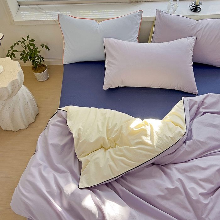 91家纺网 家纺一手货源 找家纺 梦家居 2024新款全棉水洗棉纯色滚边四件套 丁香紫+深蓝