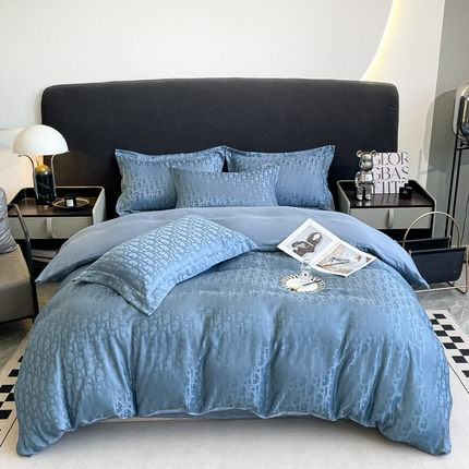宅家居 2024新款轻奢高精密贡缎提花臻品真丝四件套 迪奥-蓝色