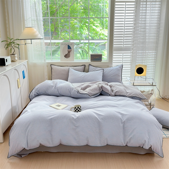 91家纺网 家纺一手货源 找家纺 晚依家纺 2024新款全棉色织水洗棉贝壳边绣三角针工艺四件套--单被套 星语-浅灰