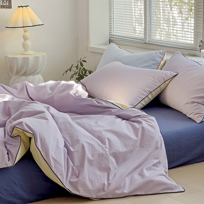 91家纺网 家纺一手货源 找家纺 梦家居 2024新款全棉水洗棉纯色滚边四件套 丁香紫+深蓝