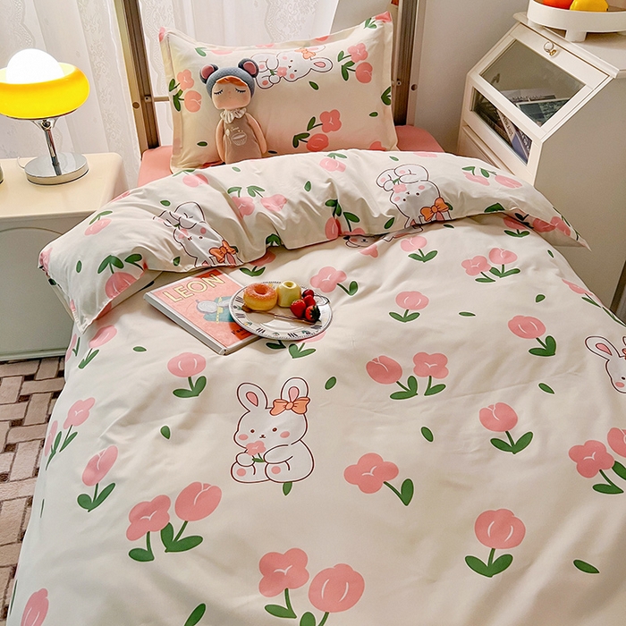 91家纺网 家纺一手货源 找家纺 港岛妹妹 2024新款芦荟棉印花四件套四件套学生床宿舍图 粉郁金兔