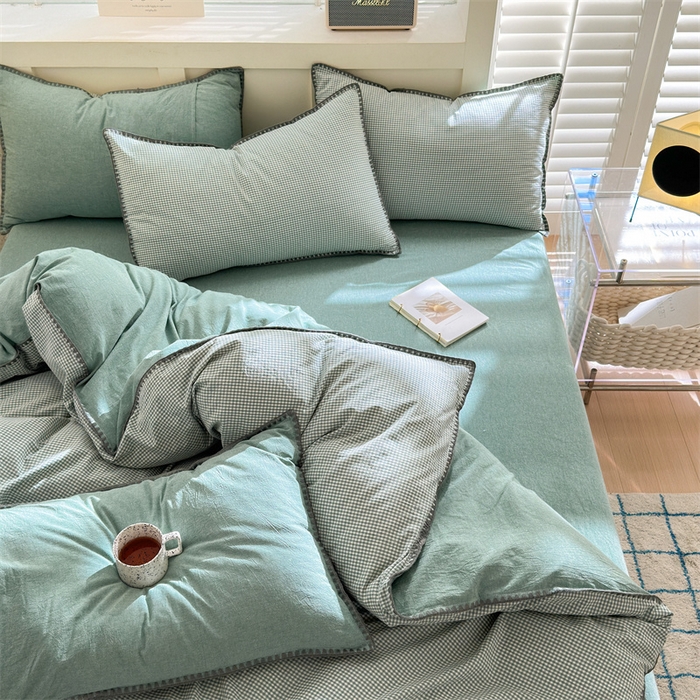 91家纺网 家纺一手货源 找家纺 晚依家纺 2024新款全棉色织水洗棉贝壳边绣三角针工艺四件套--单被套 遇见-草绿