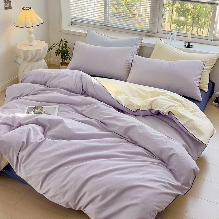 91家纺网 家纺一手货源 找家纺 梦家居 2024新款全棉水洗棉纯色滚边四件套 丁香紫+深蓝