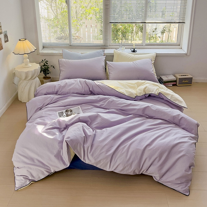 91家纺网 家纺一手货源 找家纺 梦家居 2024新款全棉水洗棉纯色滚边四件套 丁香紫+深蓝