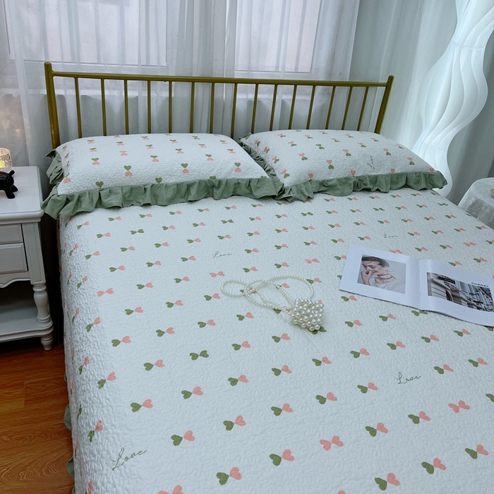 91家纺网 家纺一手货源 找家纺 暖居 2024新款夏季凉感云小棉森氧棉50棉50天丝床盖三件套 爱情气泡绿