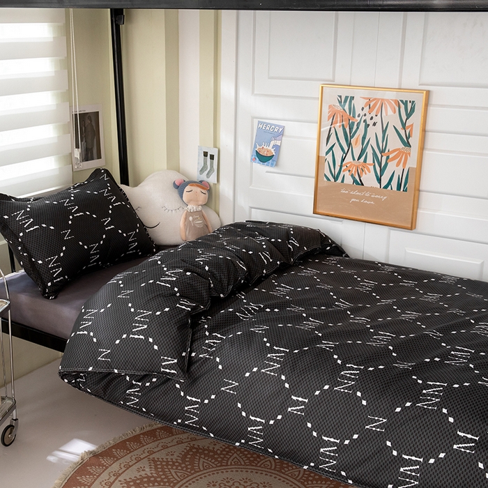 91家纺网 家纺一手货源 找家纺 港岛妹妹 2024新款芦荟棉印花四件套四件套学生床宿舍图 摩卡黑