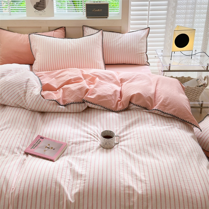 91家纺网 家纺一手货源 找家纺 （总）晚依家纺 2024新款全棉色织水洗棉贝壳边绣三角针工艺四件套--单被套