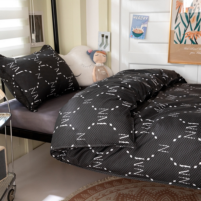 91家纺网 家纺一手货源 找家纺 港岛妹妹 2024新款芦荟棉印花四件套四件套学生床宿舍图 摩卡黑