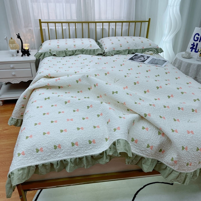91家纺网 家纺一手货源 找家纺 暖居 2024新款夏季凉感云小棉森氧棉50棉50天丝床盖三件套 爱情气泡绿