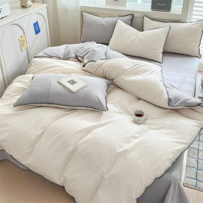 91家纺网 家纺一手货源 找家纺 晚依家纺 2024新款全棉色织水洗棉贝壳边绣三角针工艺四件套--单被套 时光-米灰