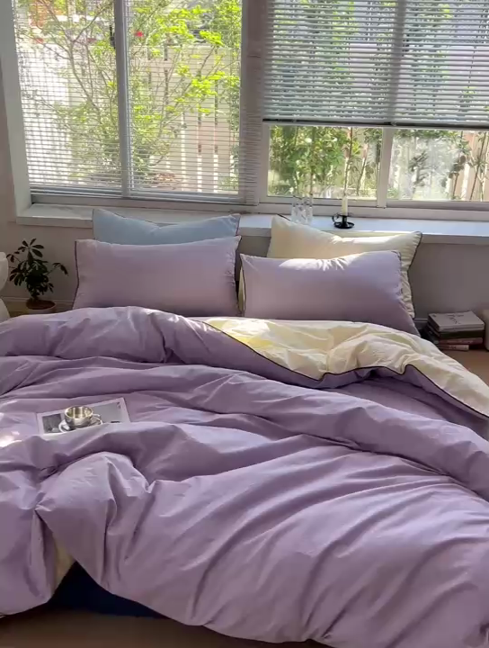 91家纺网 家纺一手货源 找家纺 梦家居 2024新款全棉水洗棉纯色滚边四件套 丁香紫+深蓝
