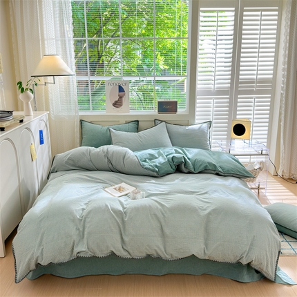 晚依家纺 2024新款全棉色织水洗棉贝壳边绣三角针工艺四件套--单被套 遇见-草绿