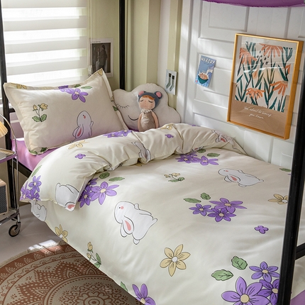 港岛妹妹 2024新款芦荟棉印花四件套四件套学生床宿舍图 花与兔