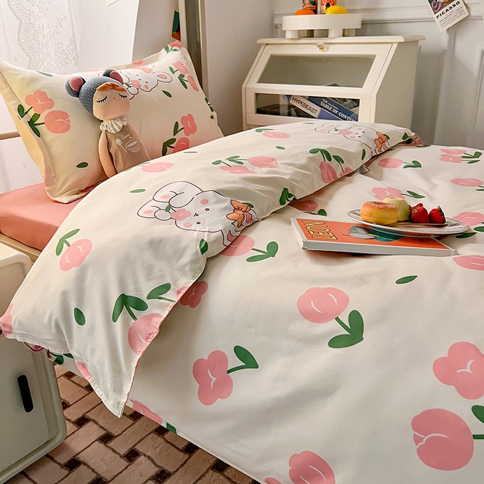 91家纺网 家纺一手货源 找家纺 港岛妹妹 2024新款芦荟棉印花四件套四件套学生床宿舍图 粉郁金兔