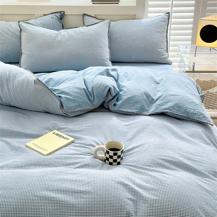 91家纺网 家纺一手货源 找家纺 晚依家纺 2024新款全棉色织水洗棉贝壳边绣三角针工艺四件套--单被套 遇见-浅蓝