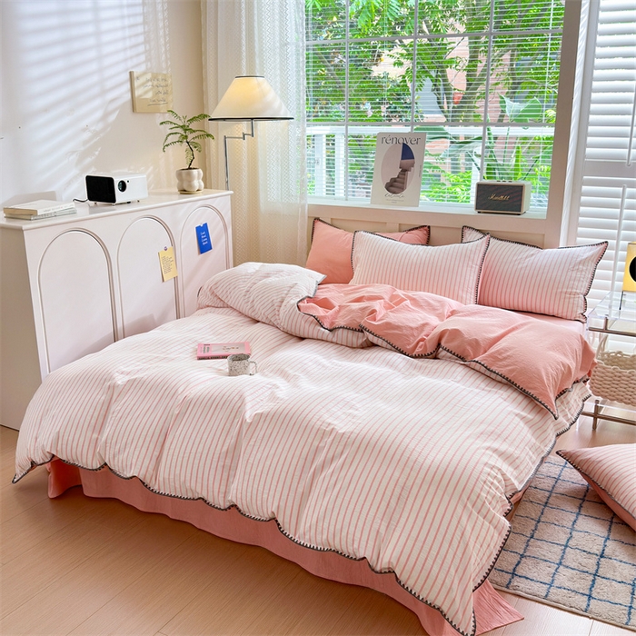 91家纺网 家纺一手货源 找家纺 （总）晚依家纺 2024新款全棉色织水洗棉贝壳边绣三角针工艺四件套--单被套