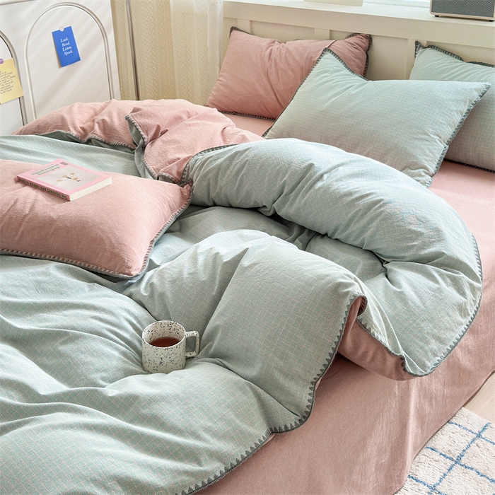 91家纺网 家纺一手货源 找家纺 晚依家纺 2024新款全棉色织水洗棉贝壳边绣三角针工艺四件套--单被套 星语-绿豆沙