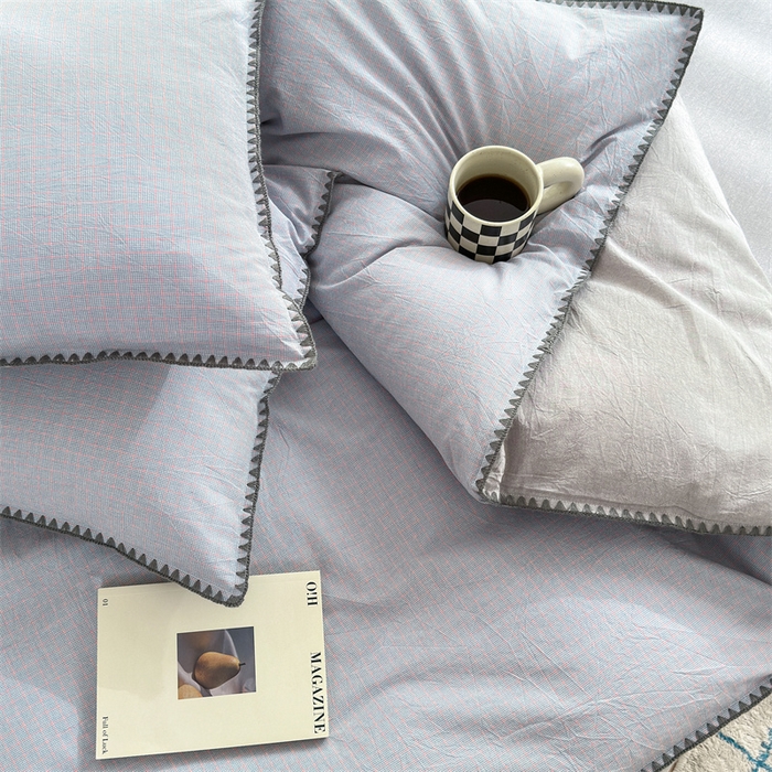 91家纺网 家纺一手货源 找家纺 晚依家纺 2024新款全棉色织水洗棉贝壳边绣三角针工艺四件套--单被套 星语-浅灰