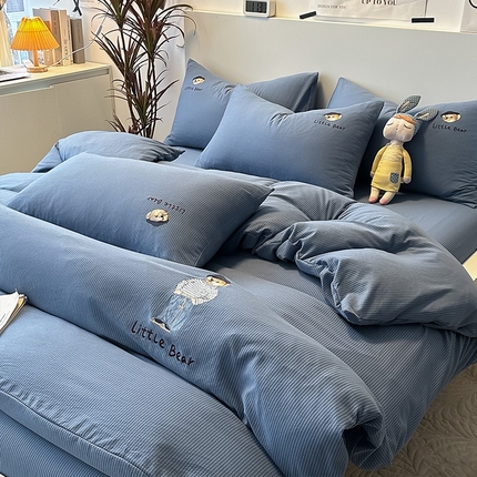 眠帛家居 2024新款水洗棉提花刺绣四件套-熊先生 熊先生-冰岛蓝