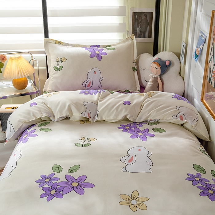 91家纺网 家纺一手货源 找家纺 港岛妹妹 2024新款芦荟棉印花四件套四件套学生床宿舍图 花与兔